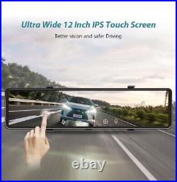 12'' HD 4K Touch Screen Mirror Dash Cam Front Rear Car Security Camera GPS WiFi