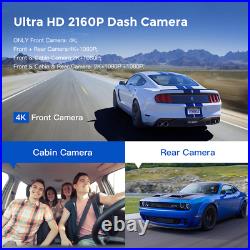 3 Way Car Dash Camera, Front/ Inside/ Rear Cam, 4K+1080P GPS Wifi & Night Vision
