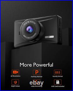 Dash Cam Front, 2K 3 Car Camera Dash Cam QHD 1440p/30fps Recording Car DVR Cam