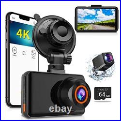 Dash Cam Front and Rear, 4K Dash Camera for Cars Built-in WiFi and Free 64GB TF