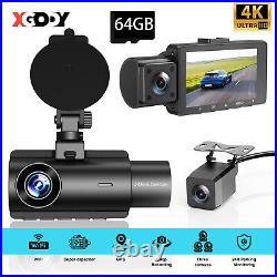 Dash Cam Front and Rear Inside 3 Channel for Cars 1080P Dash Camera + 64GB Card