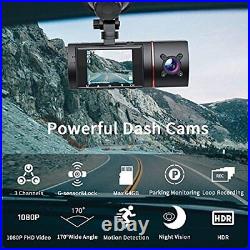 Dashcam, 3 Channel Dash Cam Front Rear and Inside, 1080P Dash Camera for