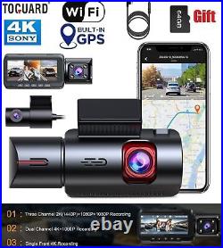 TOGUARD WiFi 3CH 4K Dual Dash Camera GPS Front+Rear+Cabin Car Camera 64GB Card