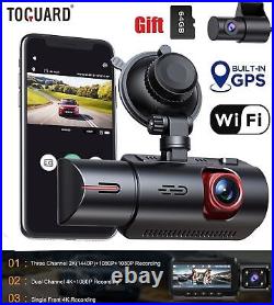 TOGUARD WiFi 4K Dual Dash Camera GPS Front+Rear+Cabin 3CH Car Camera 64GB Card